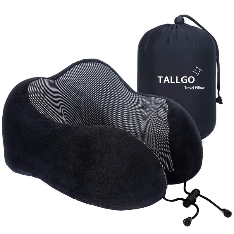 TALLGO Travel Pillow, Best Memory Foam Neck Pillow Head Support Soft Pillow for Sleeping Rest, Airplane Car & Home Use (Black) - Image 1